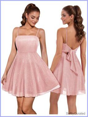 Sparkly A-Line Mini Cocktail Homecoming Dress Bow Tie Back